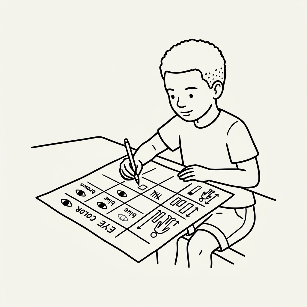 Child sitting at a table filling out an eye color and height chart with a pencil.