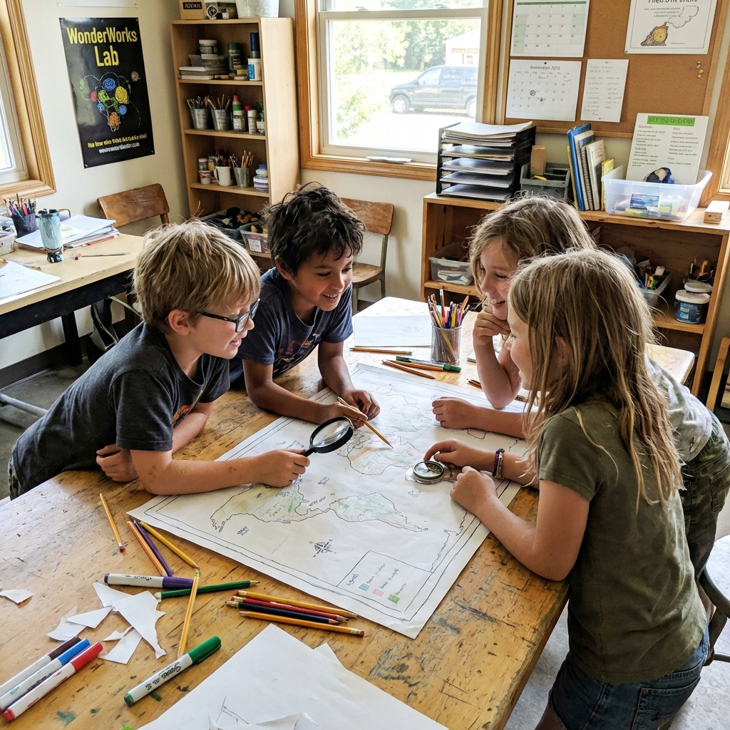 Four children gathered around a wooden table examining a large map with pencils, a magnifying glass, and a compass in a bright classroom.