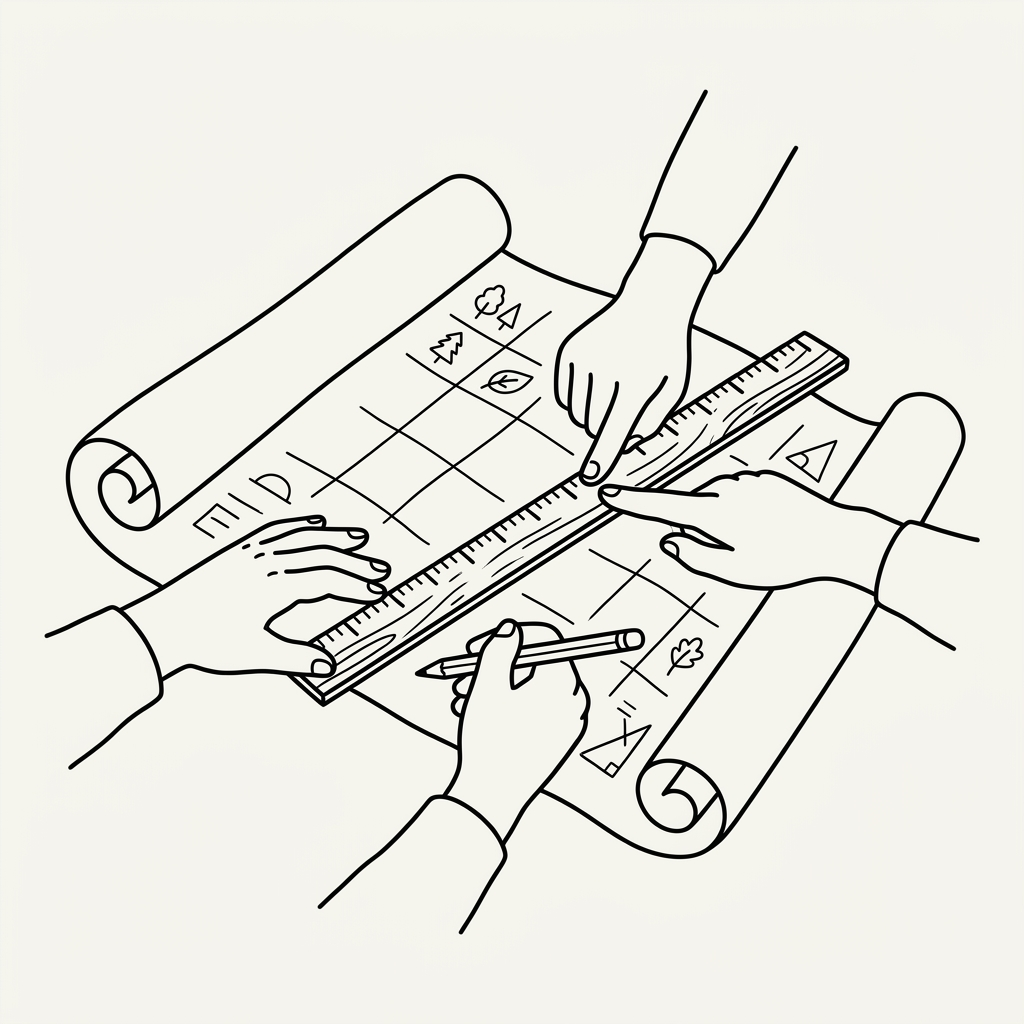 Three hands working on a scroll with a ruler and pencil, marking symbols and grids.
