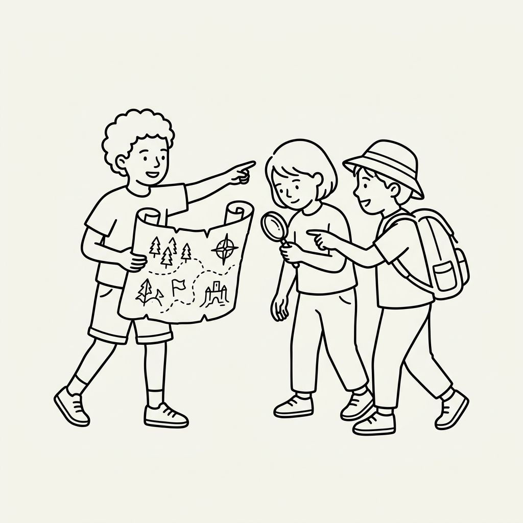 Three kids exploring with a map and magnifying glass, one wearing a backpack and hat.