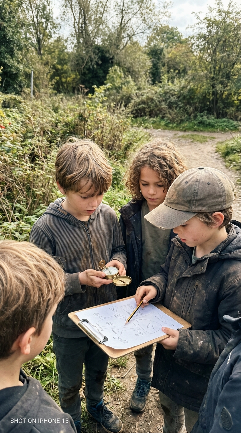 Four children outdoors looking at a drawing on a clipboard and a compass, surrounded by greenery.