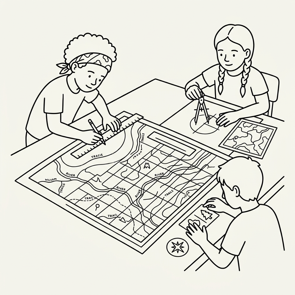 Three children working on a topographic map with drawing tools like ruler and compass at a table.