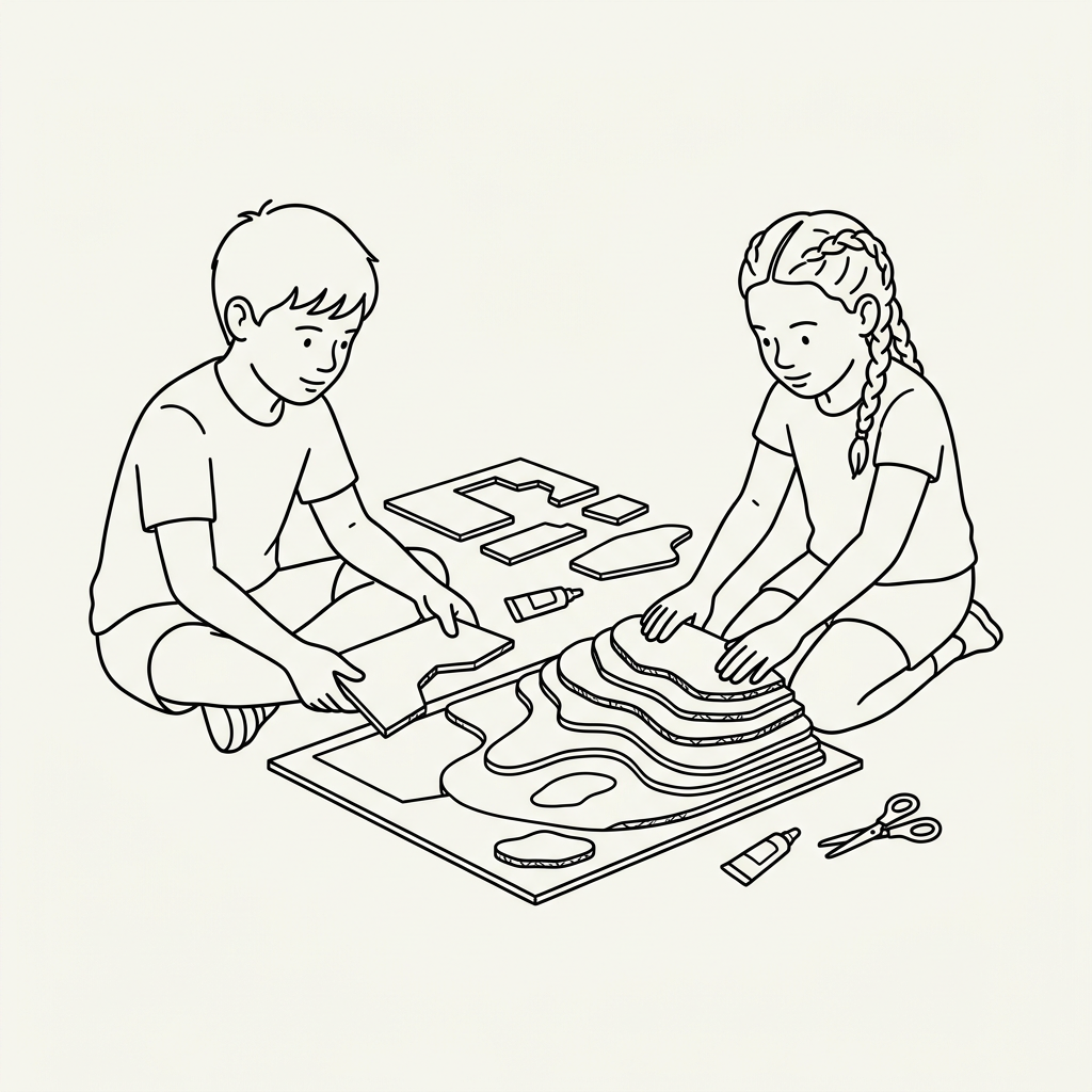 Two children assembling a layered topographic model with cutout pieces and glue on the floor.