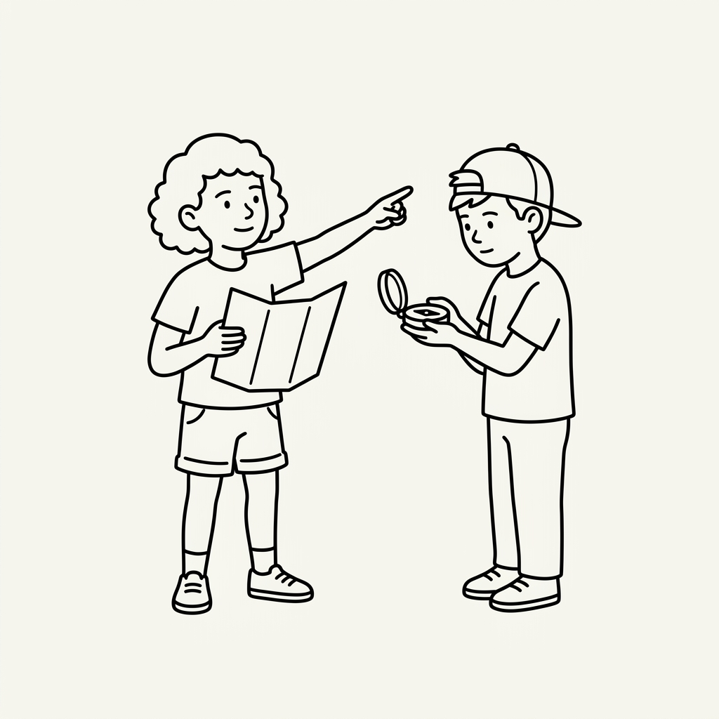 Line drawing of two children, one holding a map and pointing while the other holds an open compass.