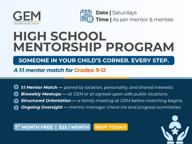 GEM Academy Civic Youth Leadership Program flyer for grades 8-12, Sundays 3-5 PM, featuring students holding certificates with program leaders