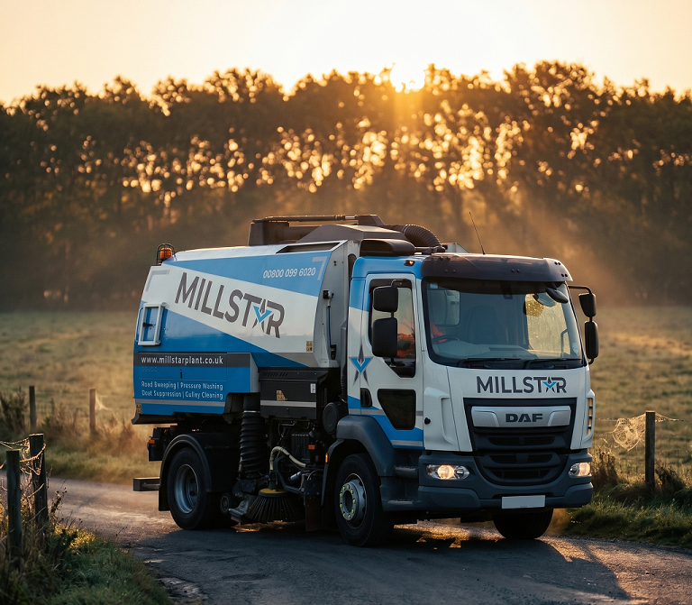 Millstar branded road sweeper parked on a residential street at sunset.
