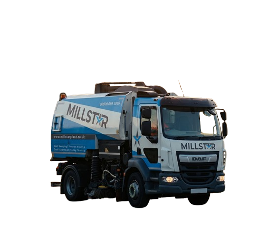 Front and side view of a white and blue Millstar road sweeper.