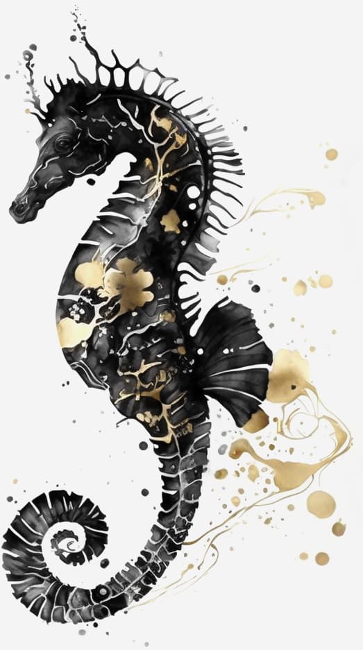 Black and while illustration of a seahorse with splashes of gold paint.
