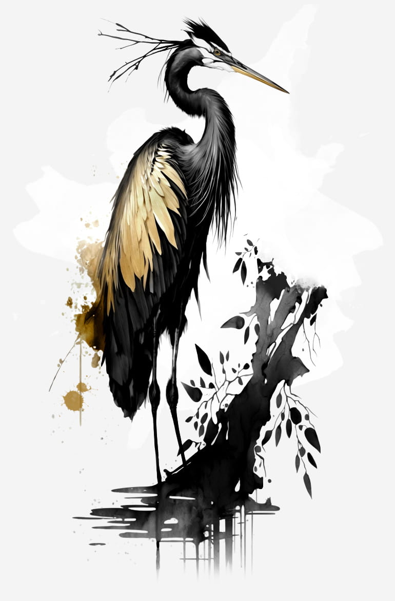 An illustration of a heron in gold and black, with splashes of paint.