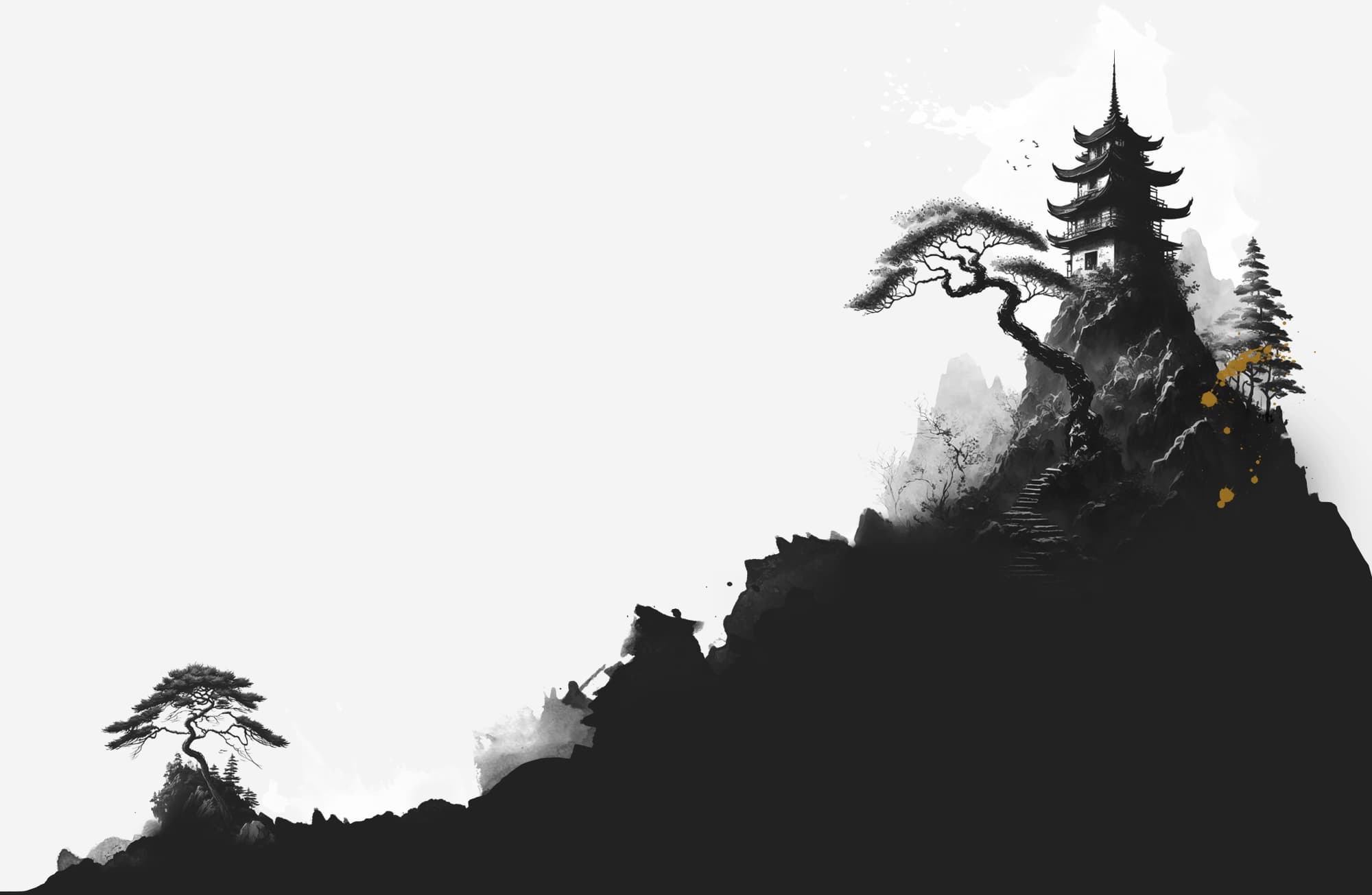 An illustration of a pagoda and trees on the mountain top.