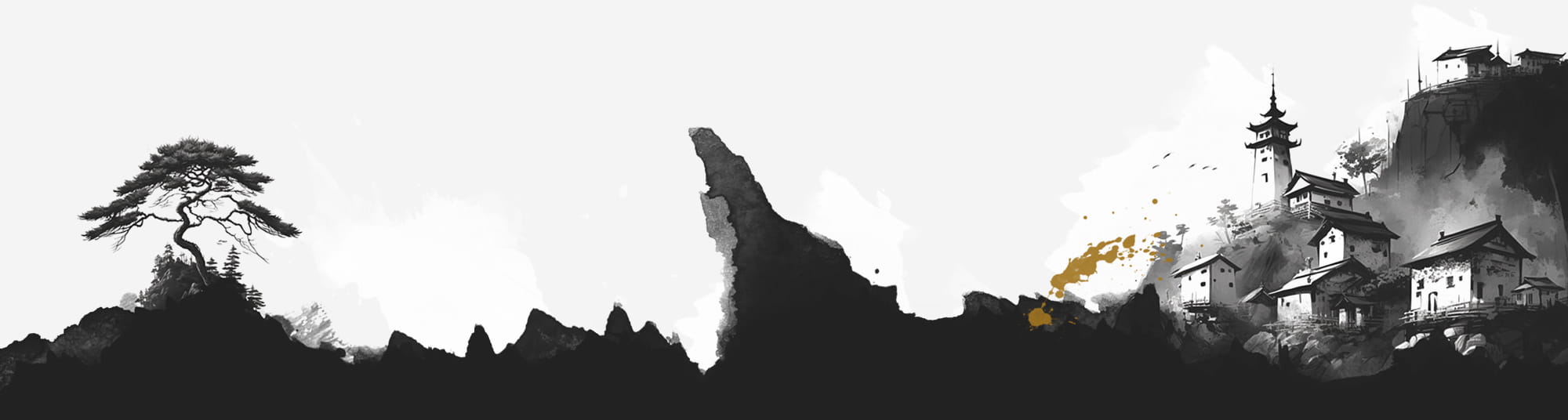 Illustration of mountain landscape with japaneese-style buildings.