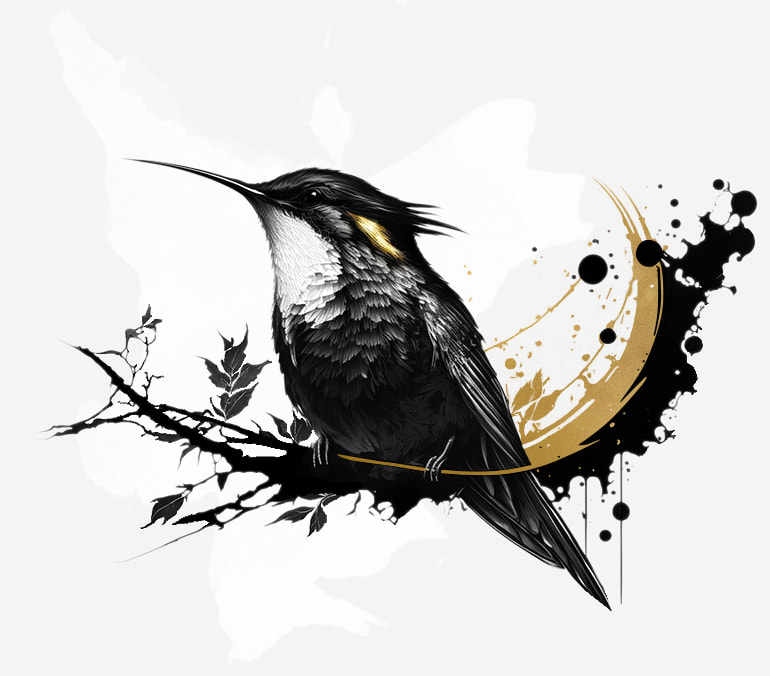 Illustration of a humming bird with gold and black ink splashes.