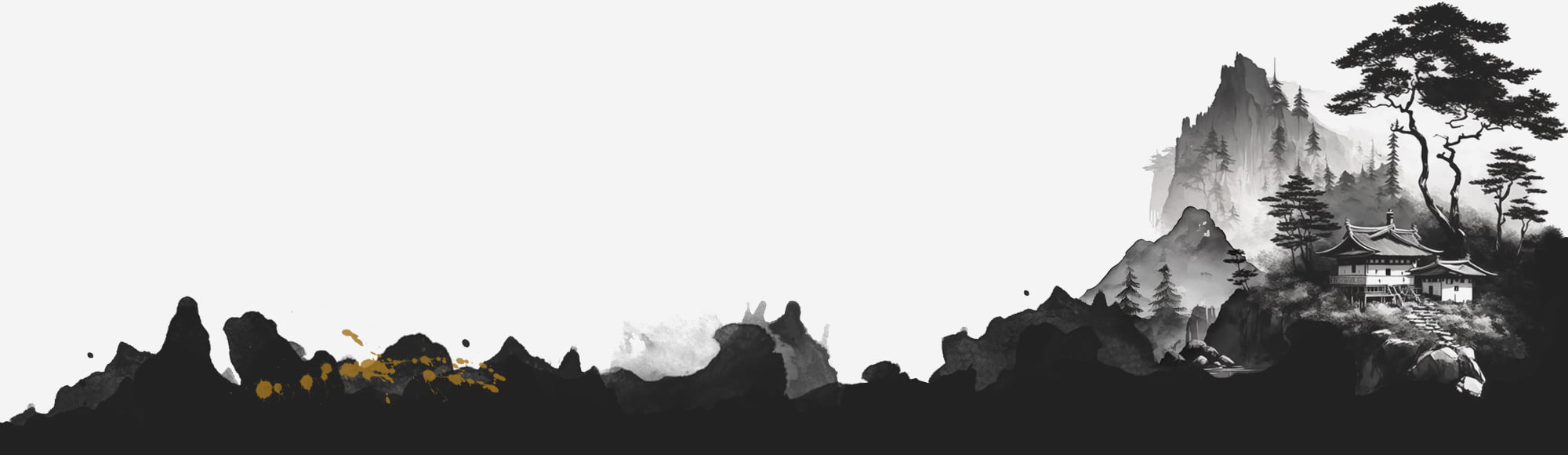 Illustration of mountain landscape with japaneese-style buildings.