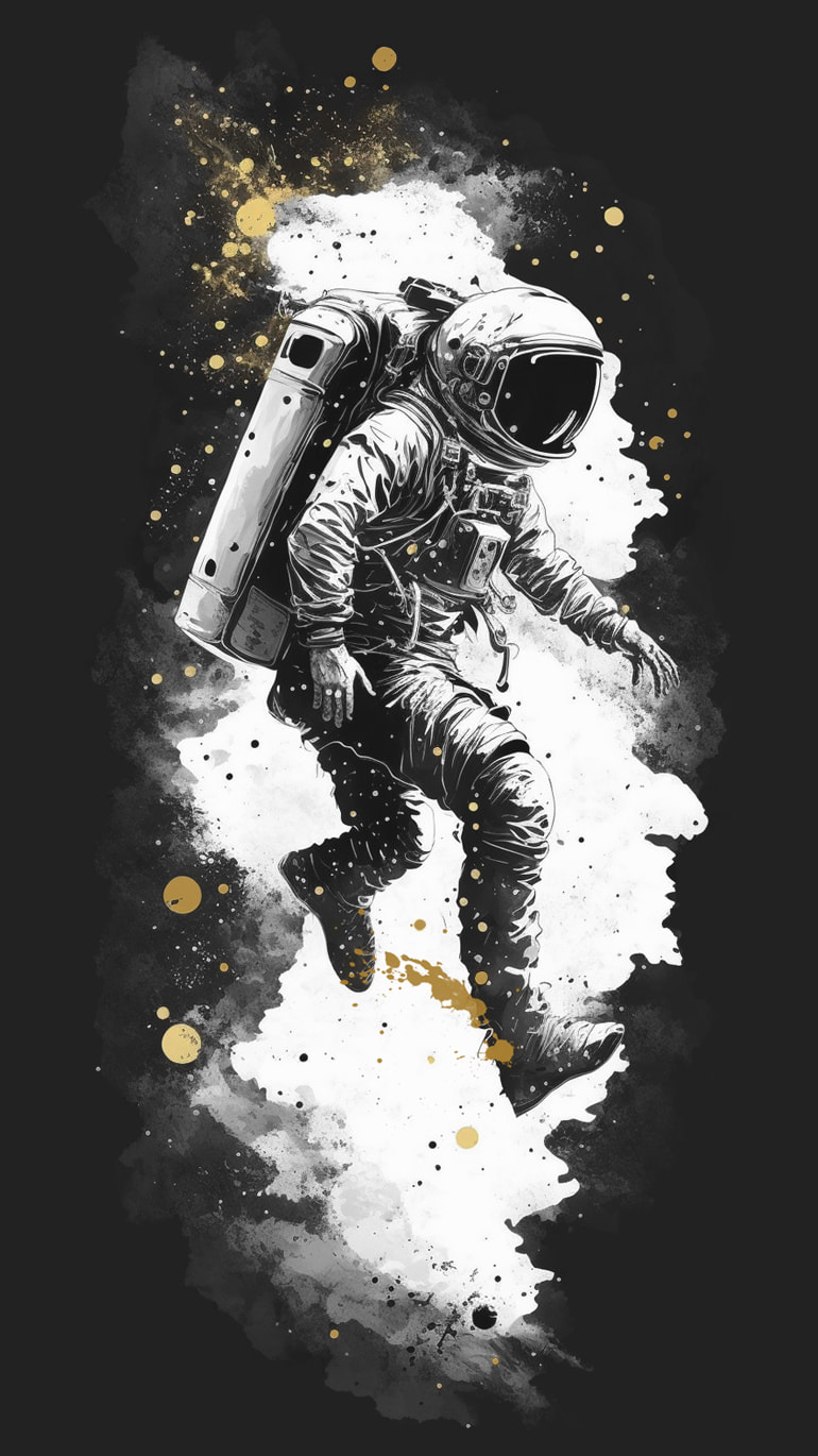 An illustration of a floating astronaut, in gold black and white, with splashes of paint.