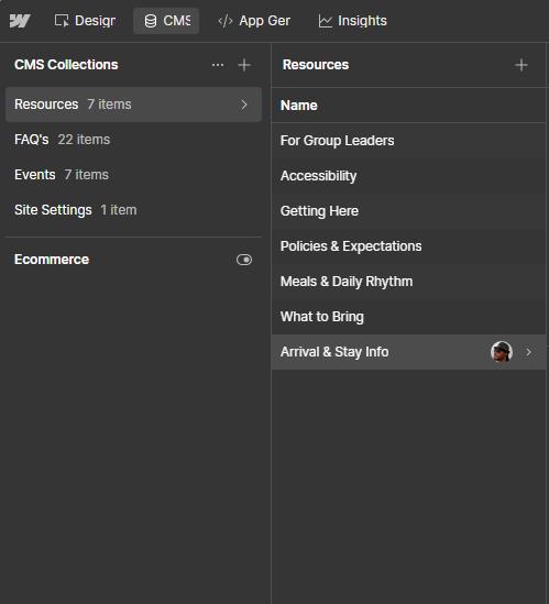 Text content titled 'Arrival & Stay Info' with sections on Check in and check out, Where to Go When You Arrive, Room Assignments, What’s Provided, and During Your Stay providing guidelines on scheduling, parking, room assignments, accommodations, and conduct.
