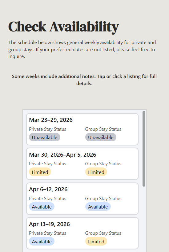 Availability schedule showing weekly status for private and group stays from March 23 to April 19, 2026, with statuses Unavailable, Limited, and Available.