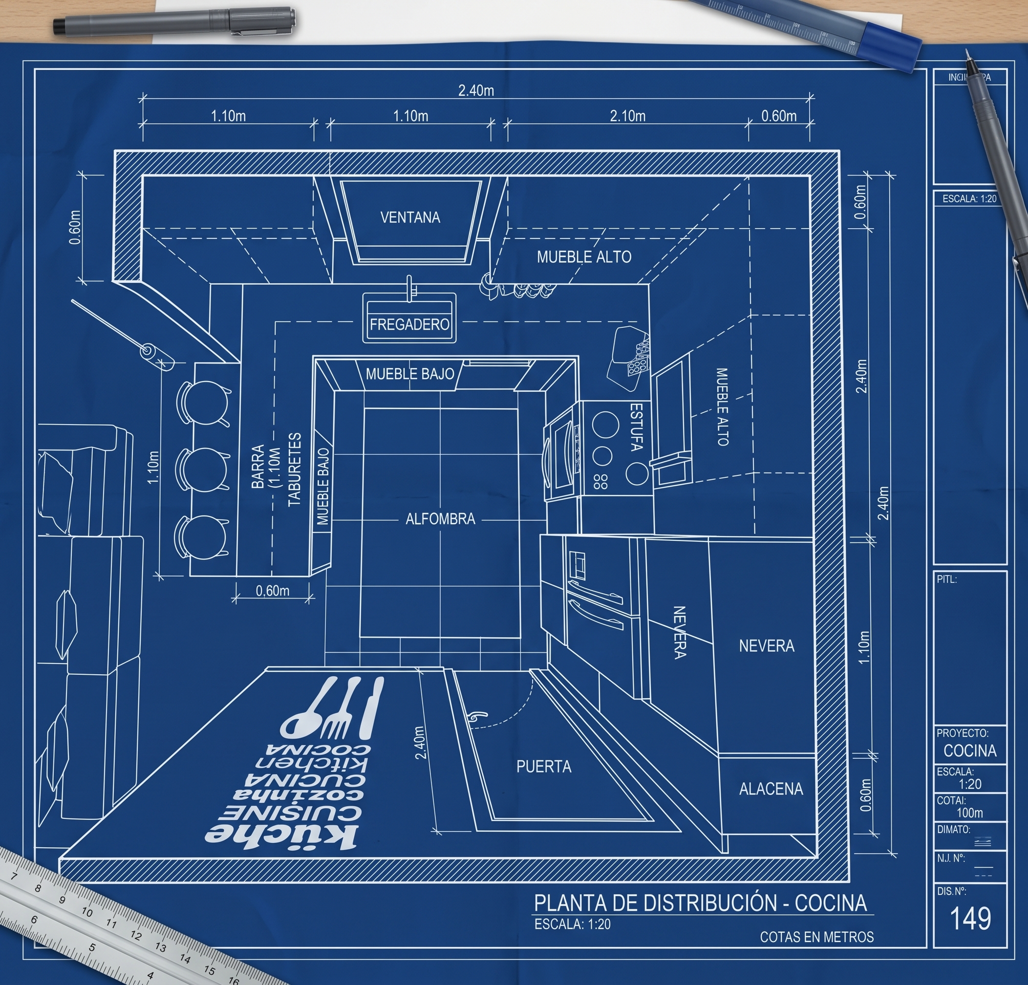 Kitchen floor plan drawing, scale 1:20