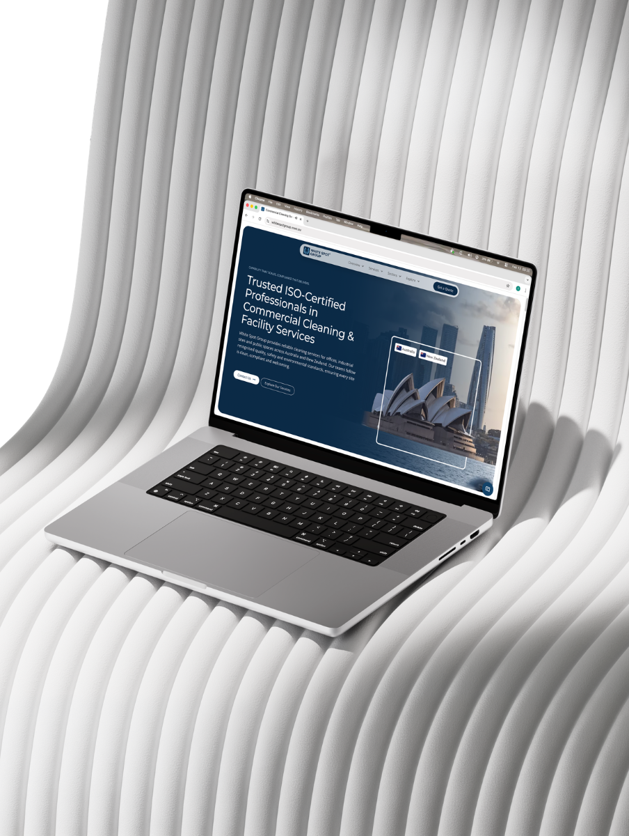 Open laptop on a white ribbed surface displaying a website for certified professionals in commercial cleaning and facility services.