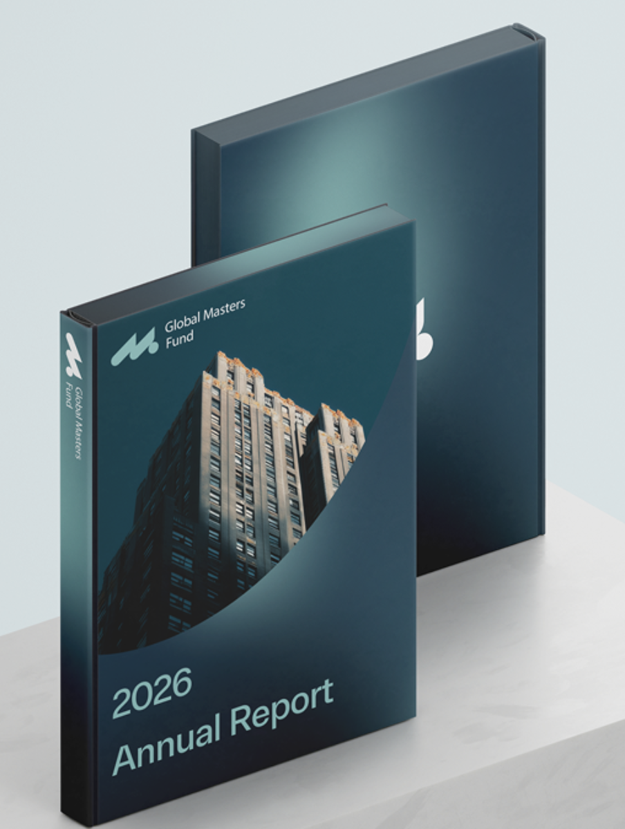 2026 Annual Report booklets for Global Masters Fund featuring a tall building on the cover.