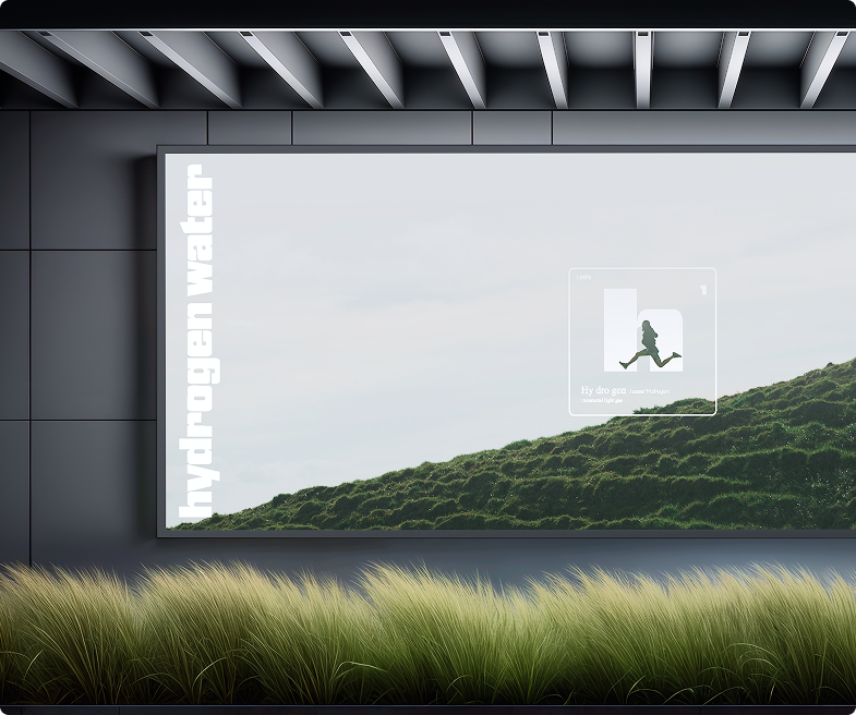 Modern display with the words 'hydrogen water' and a silhouette of a running person over a grassy hill background.
