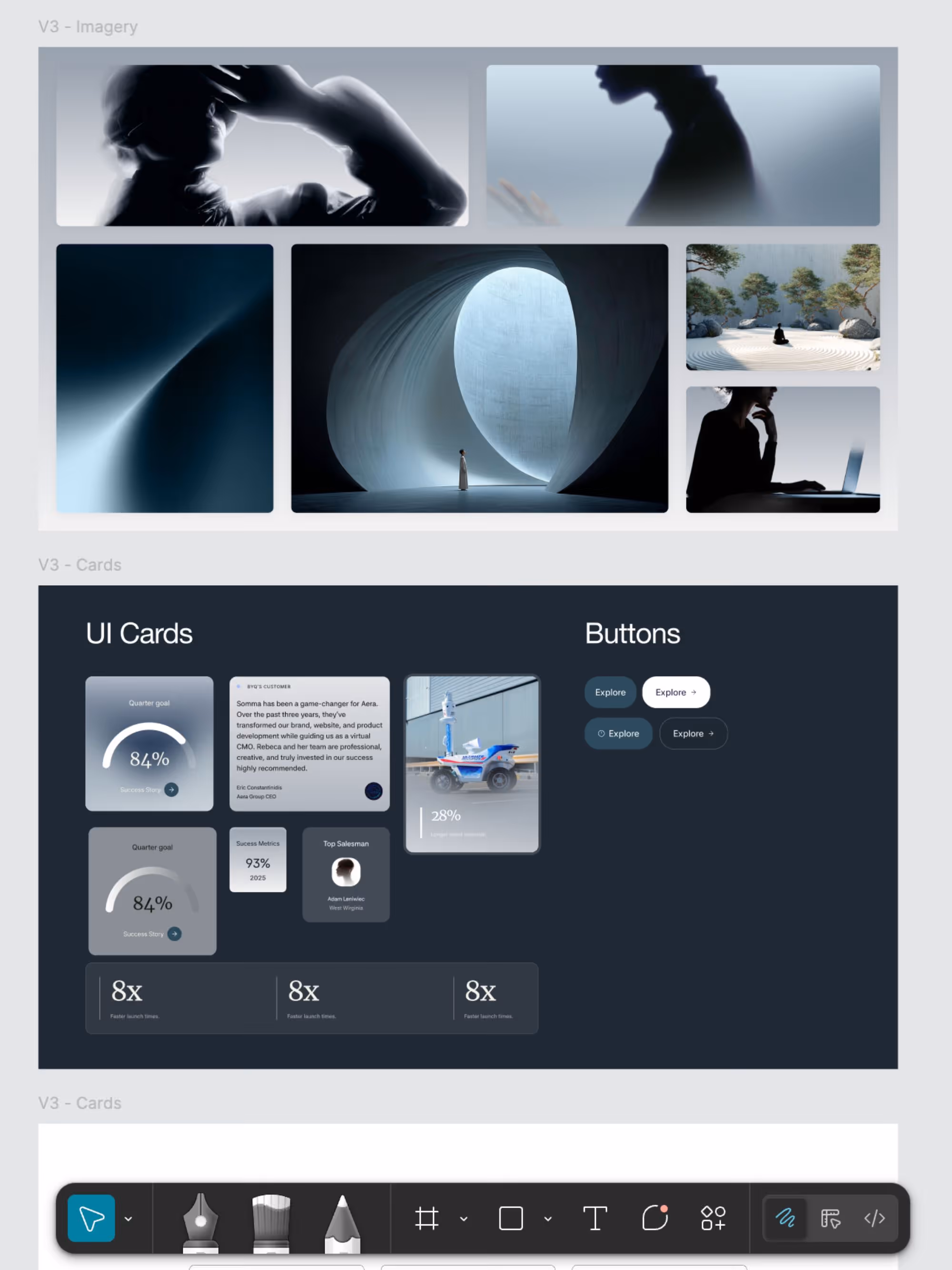 UI/UX design layout showing abstract imagery panels, UI cards with progress stats, testimonials, and several themed buttons, all on a dark background.