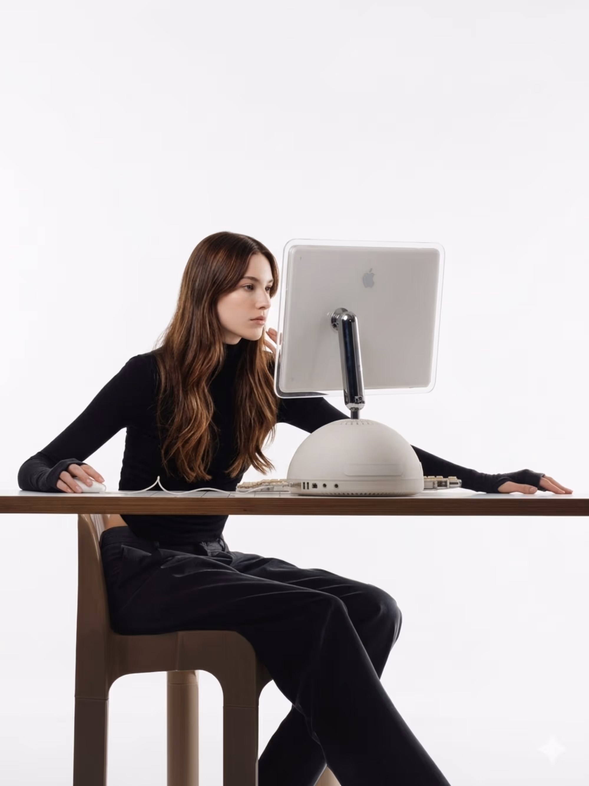 Young woman with long brown hair using an Apple iMac G3 computer, seated at a desk with a white background.