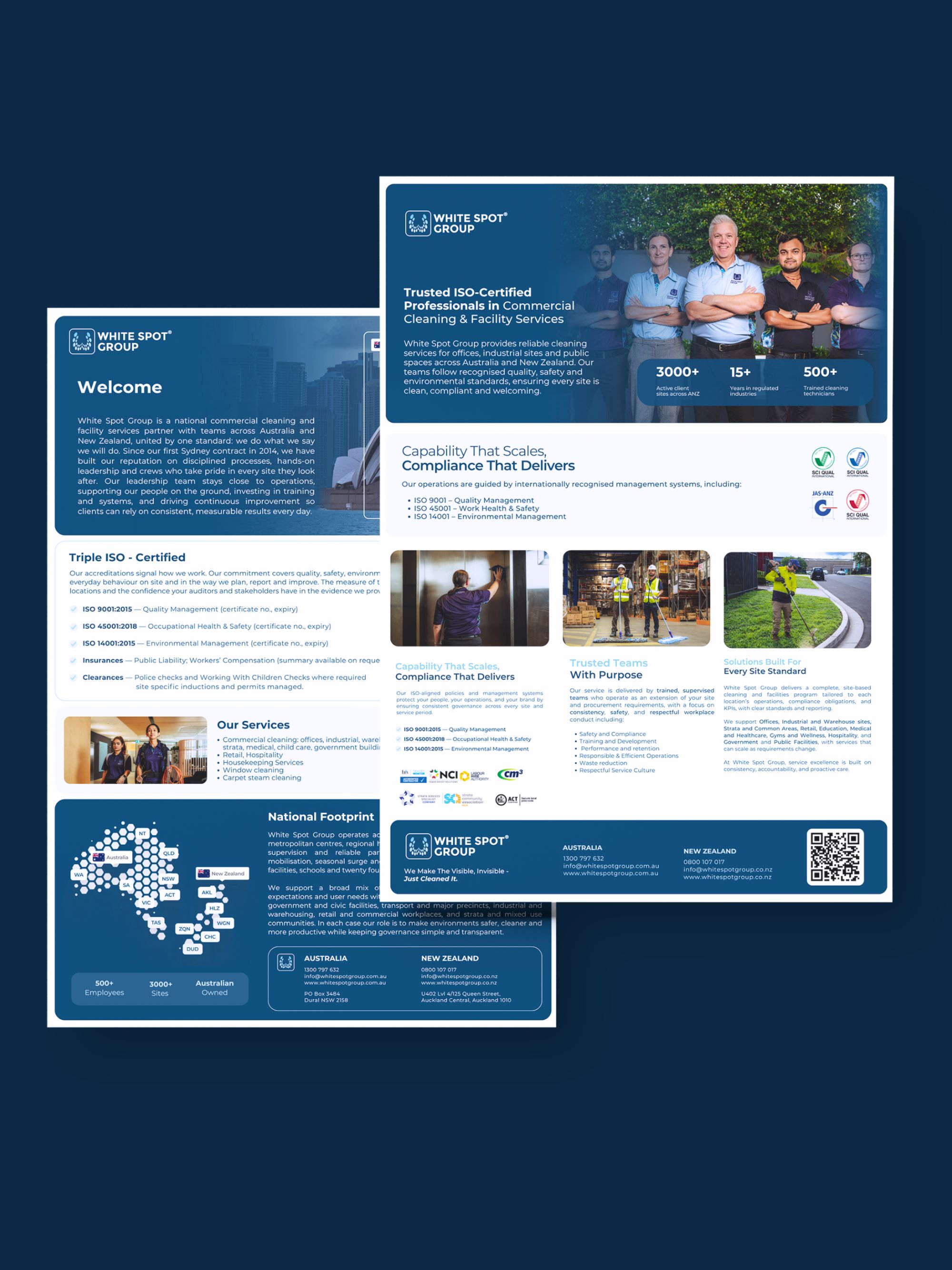 White Spot Group brochure showing commercial cleaning services overview, ISO certifications, team photos, national footprint map, and contact information for Australia and New Zealand.