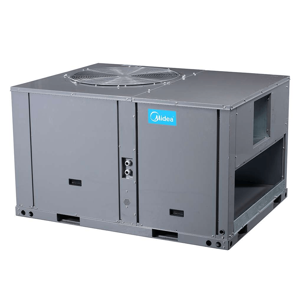 Gray Midea commercial rooftop air conditioning unit with ventilation fan on top.
