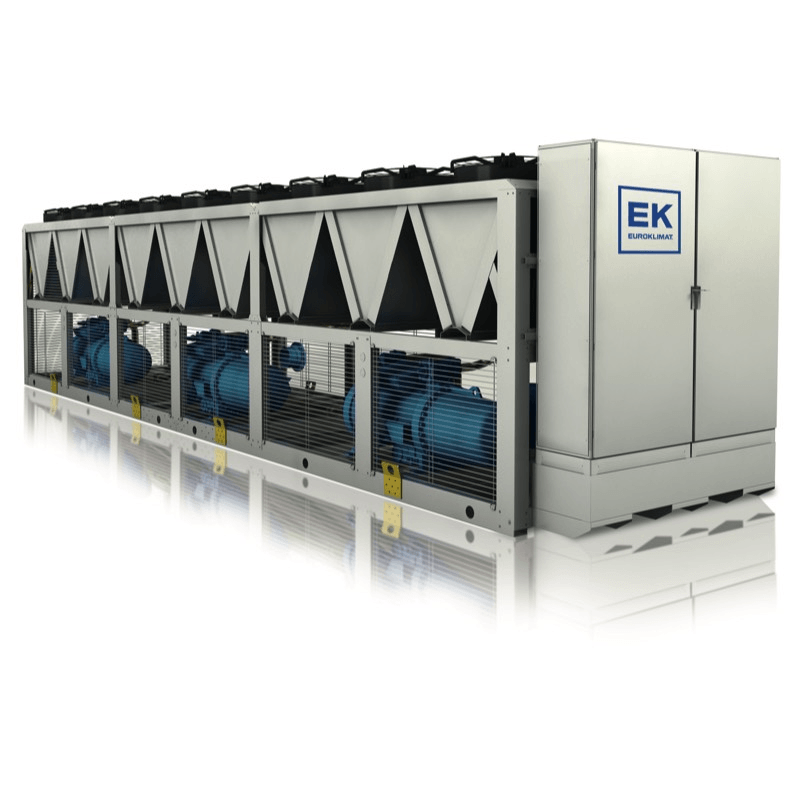 Industrial EK Euroklimat cooling unit with multiple fans and blue compressors.