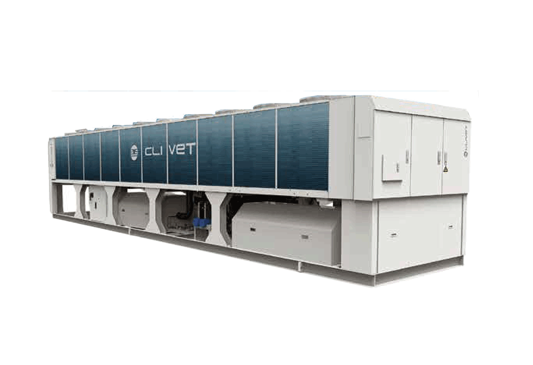 Large industrial air conditioning unit with blue panels and white frame, labeled Clivet.