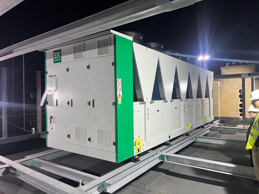 Large industrial EK Bloksma HVAC unit installed on a metal frame at night with two workers wearing safety helmets and vests standing nearby.