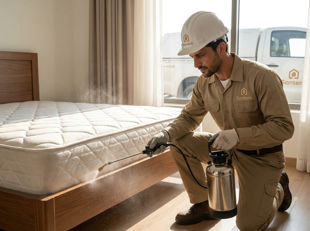 Santera pest control technician applying bed bug treatment along a mattress and bed frame using professional equipment