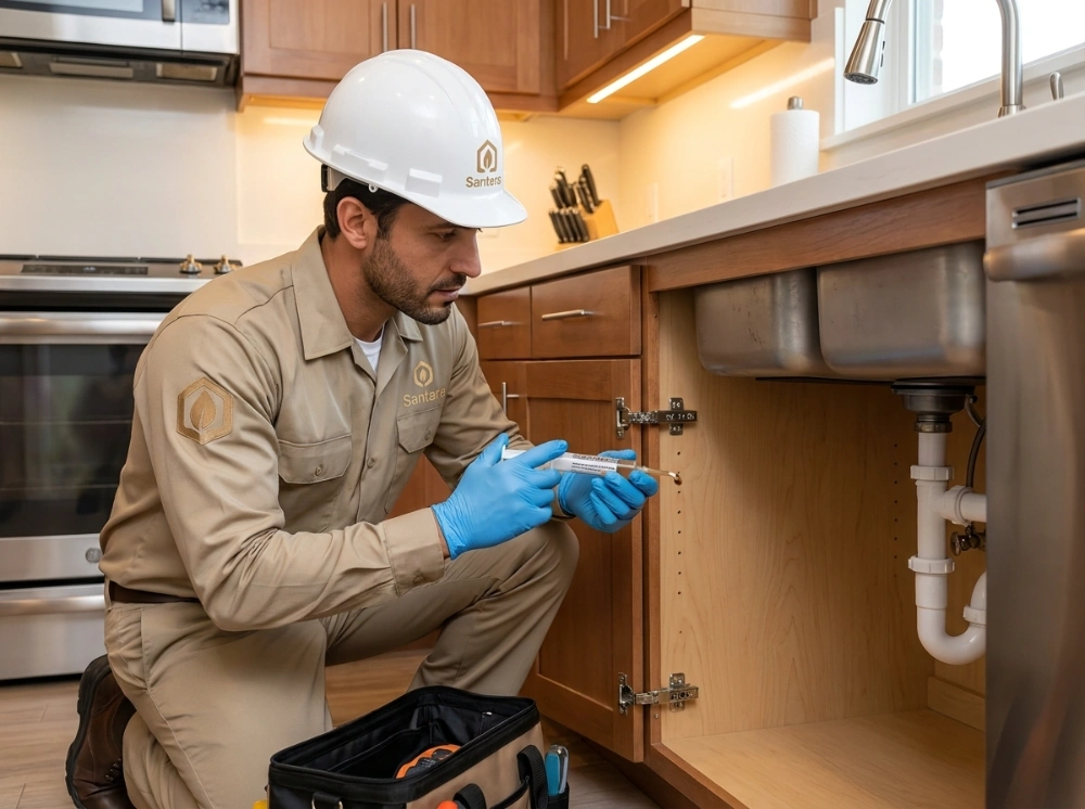 Santera pest control technician applying cockroach gel bait and insecticide spray under a kitchen sink using professional tools