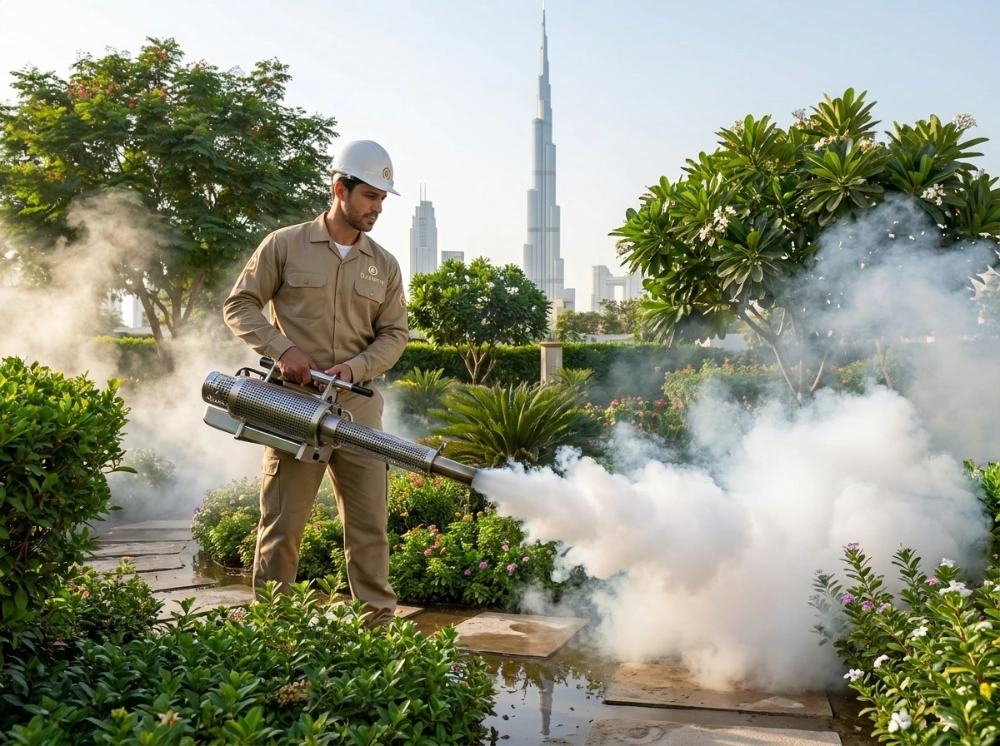Santera pest control technician fogging an outdoor garden area using a professional thermal fogging machine for mosquito control
