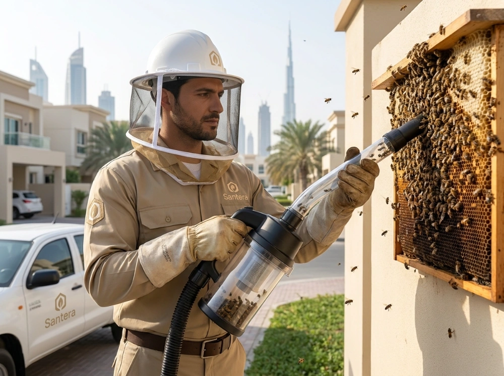 Santera pest control technician removing a beehive using professional bee removal equipment