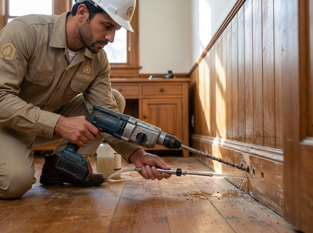 antera pest control technician injecting termite treatment into wooden flooring using professional tools