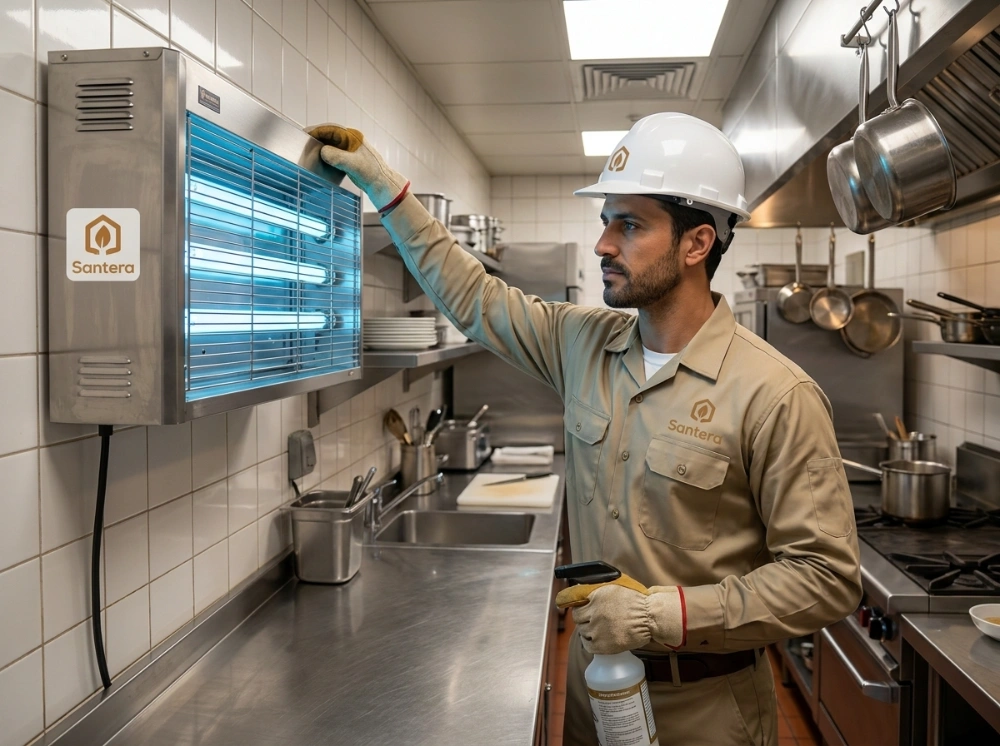 Santera pest control technician installing a UV fly trap unit in a commercial kitchen