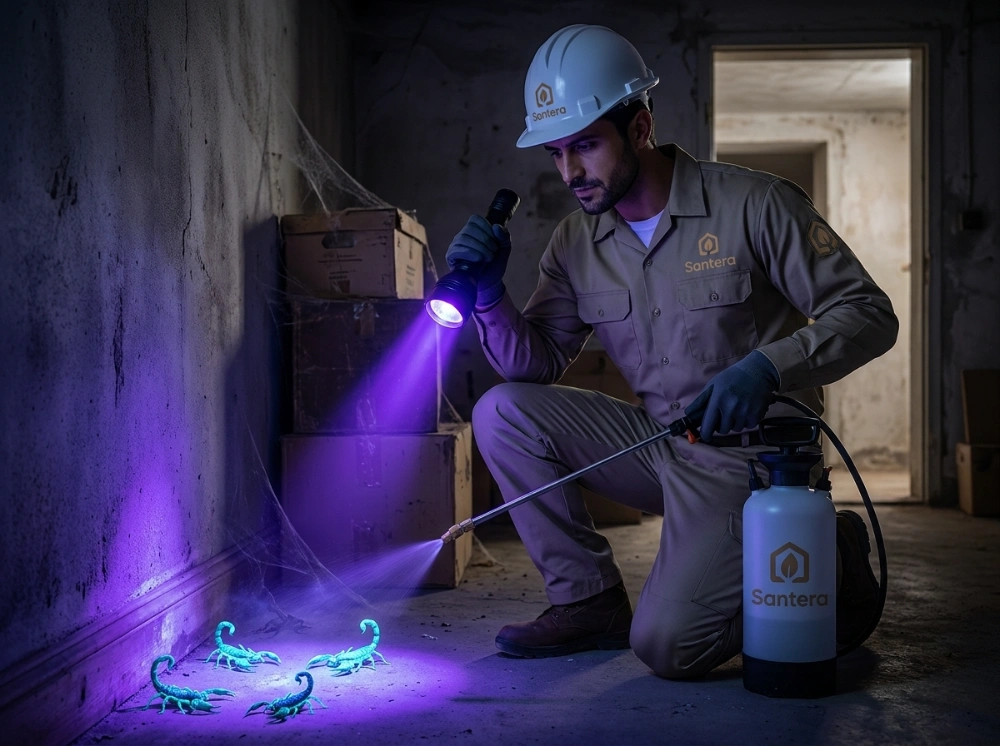 Santera pest control technician detecting and treating scorpions using a UV blacklight and professional sprayer