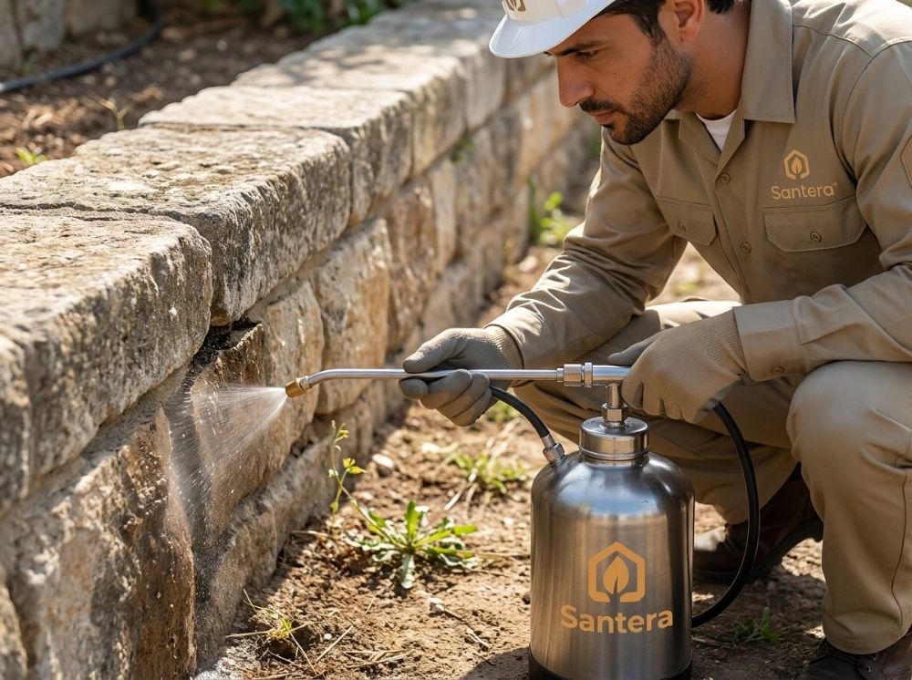Santera pest control technician applying crack and crevice spray treatment along a garden wall