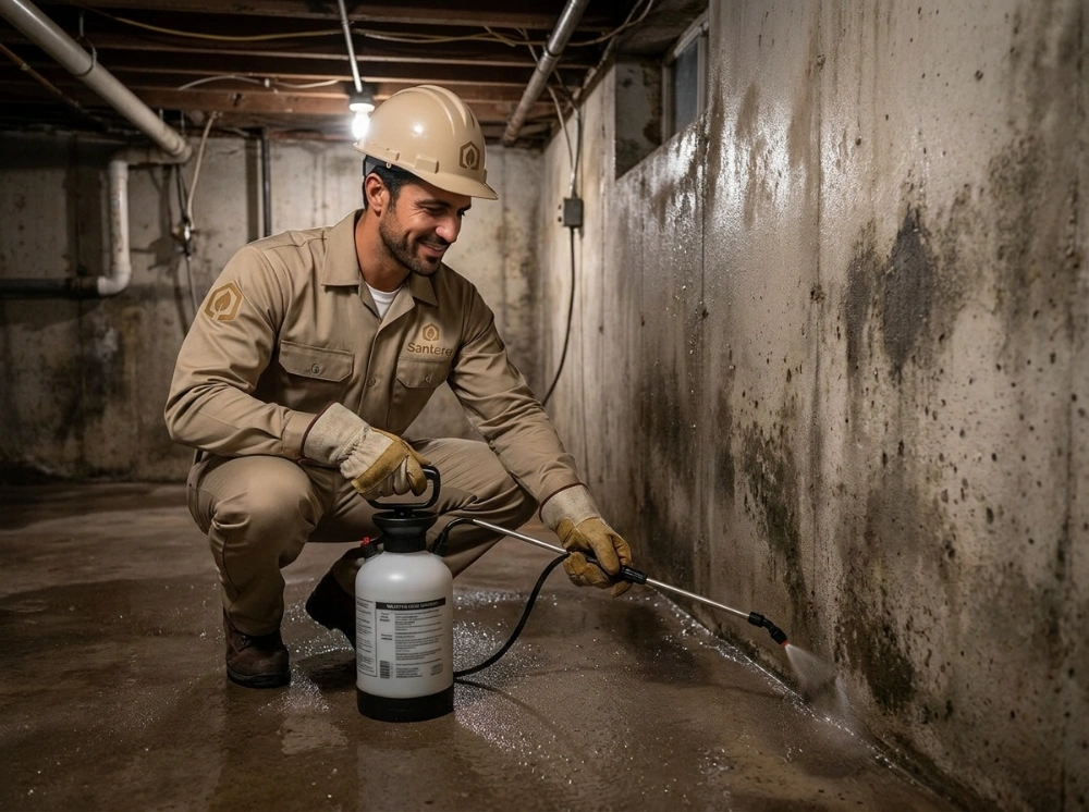 Santera pest control technician applying residual insecticide treatment along a damp basement wall