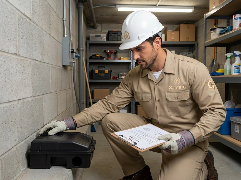 Santera pest control technician placing a professional rodent bait station along a wall