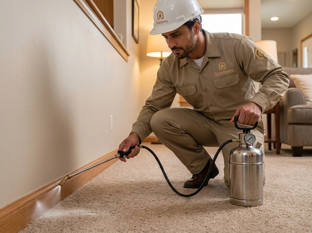 Santera pest control technician applying flea treatment spray along a carpet and wall base