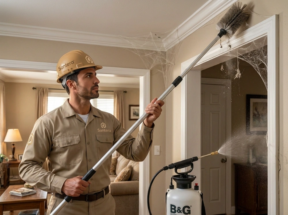 Santera pest control technician removing spider webs and applying residual spray in room corners