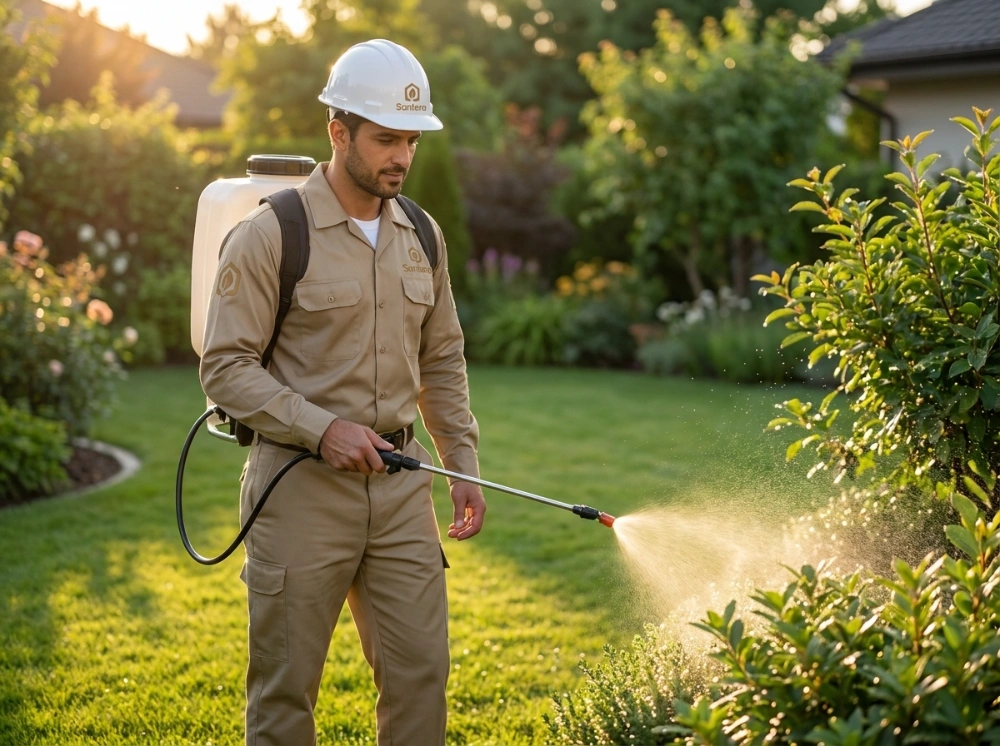 Santera pest control technician spraying tick control treatment across a garden lawn using a backpack sprayer