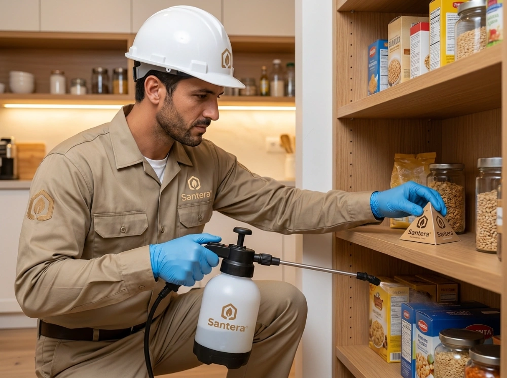 Santera pest control technician inspecting and treating a pantry with professional spray and pheromone traps
