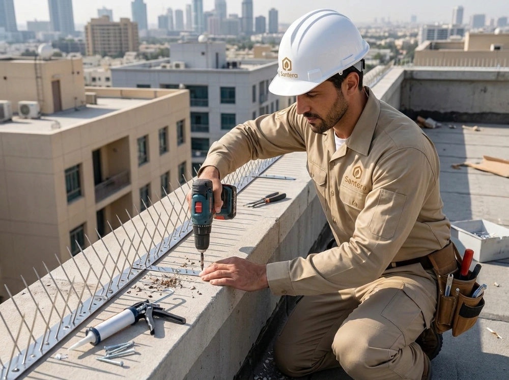 Santera pest control technician installing anti-bird spike strips along a building ledge