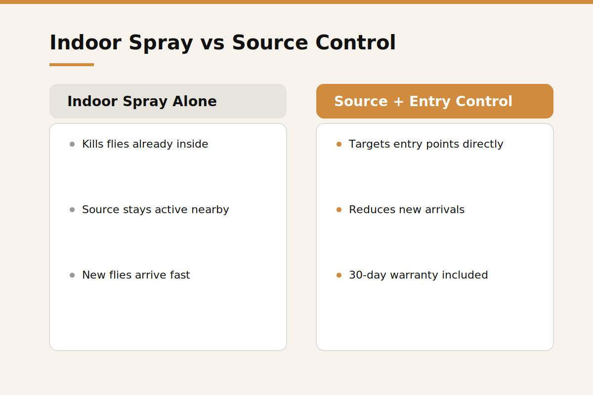Indoor spray versus source and entry control for flies