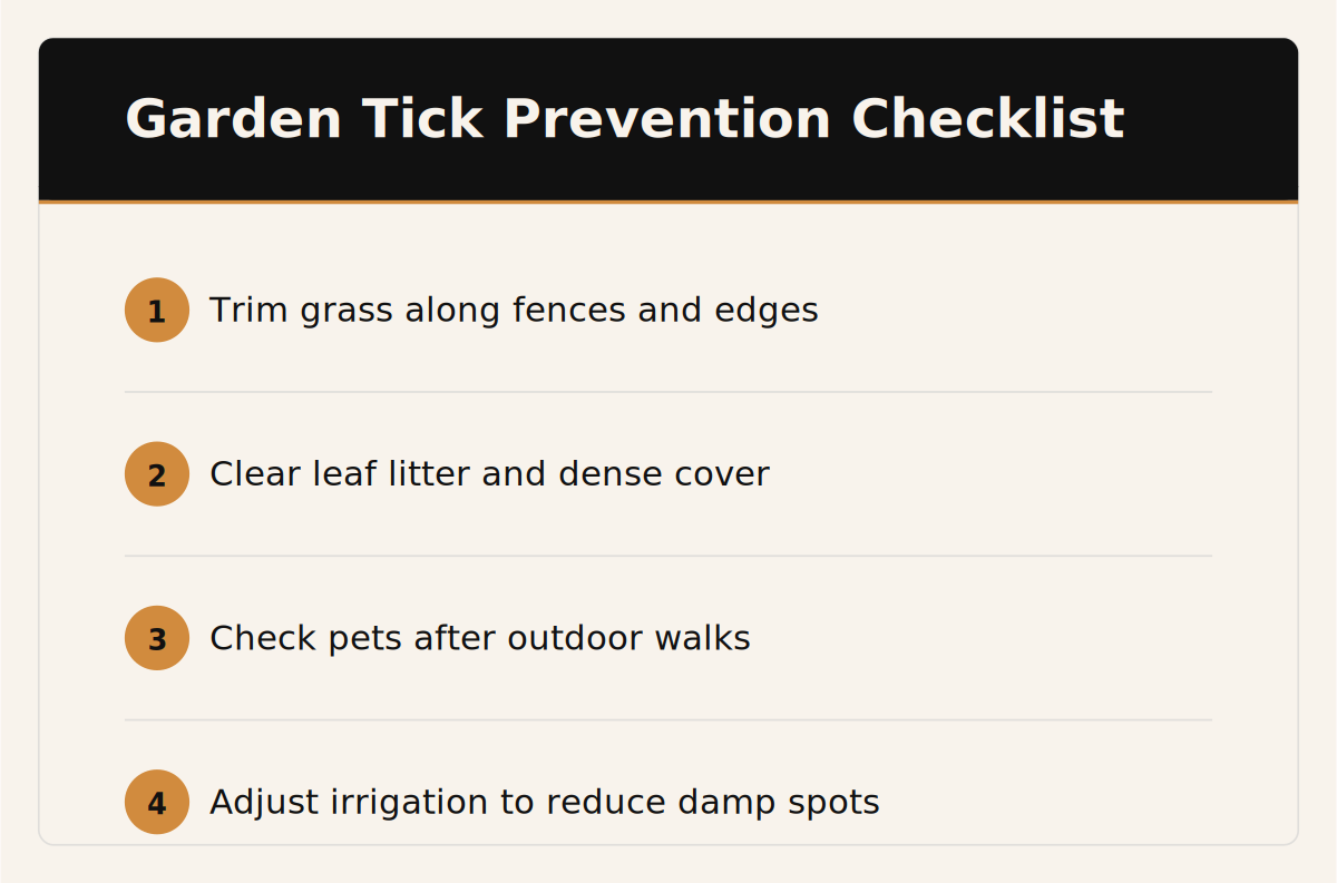 Garden tick prevention checklist: trim grass along fences, clear leaf litter, check pets after walks, adjust irrigation