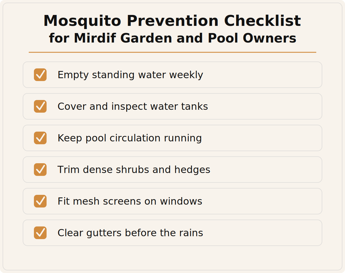 Mosquito prevention checklist for Mirdif garden and pool owners