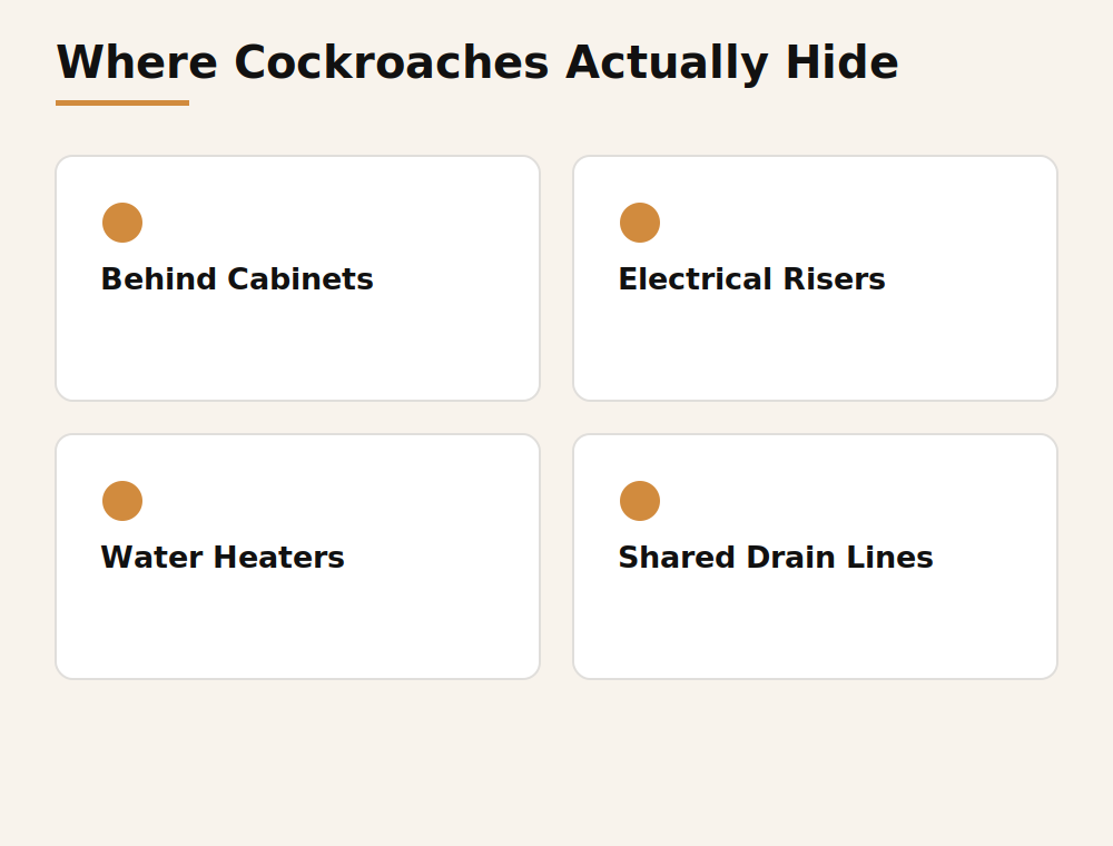 Diagram of where cockroaches actually hide in Dubai homes: cabinets, electrical risers, water heaters, shared drain lines
